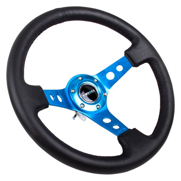RST-006BL 350 mm & 3 in. Deep Reinforced Steering Wheel - Black Leather with Blue Circle Cutout Spokes