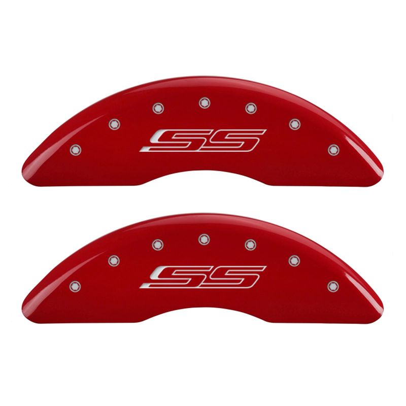 Engraved Front & Rear 4 Caliper Covers for Gen 5 & SS Red Finish Silver Channel