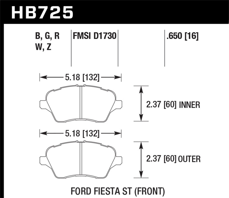 Hawk Performance HB725W.650 Front Brake Pads for 2014 Ford Fiesta ST DTC30