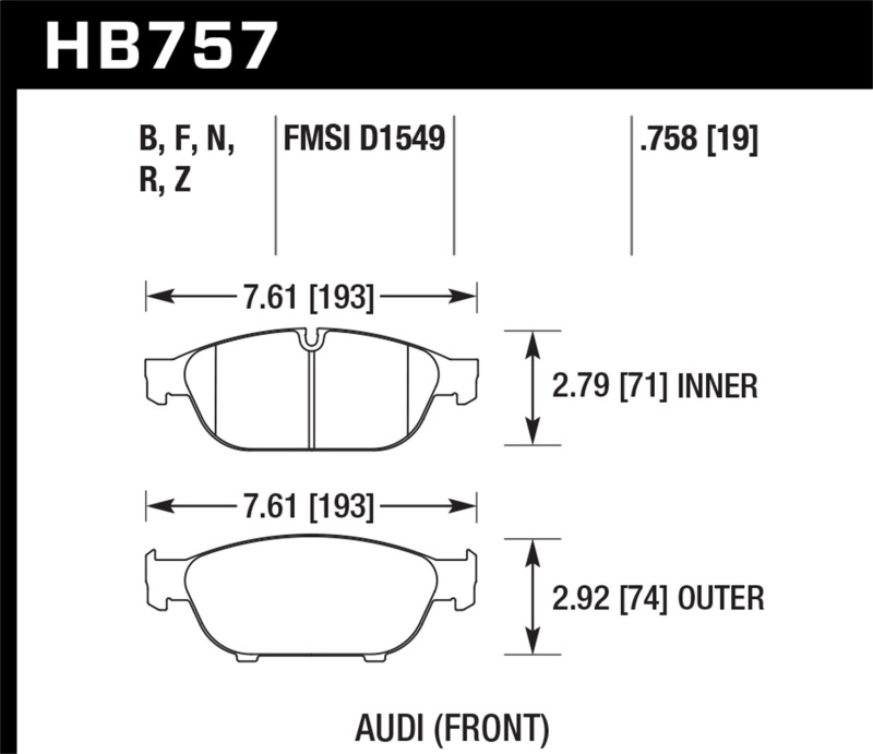 Hawk Performance HB757B758 HPS 50 Front Brake Pads for Audi 2013 A5 Quattro  1216 A6 QuattroA7 QuattroA8 Quattro