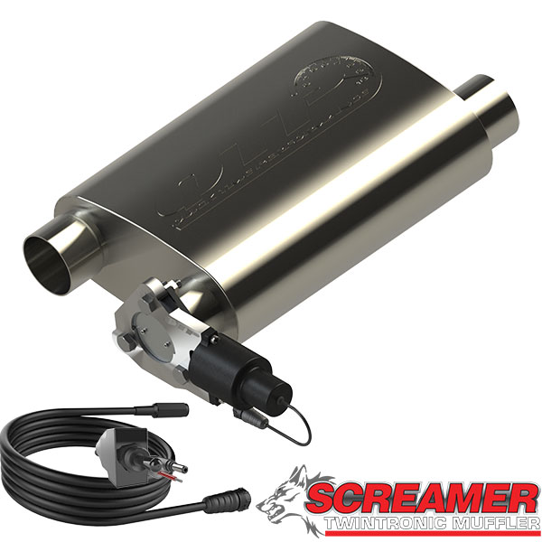 13251C 2.5 in. Weld-on 304 Stainless Steel Reverse Screamer Muffler with Bolt-on Qtec Electric Cutout