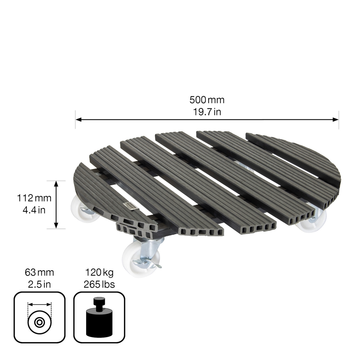 64-0565 WPC 20' Round Plant Caddy, Indoor/Outdoor Use, 265 lb Capacity