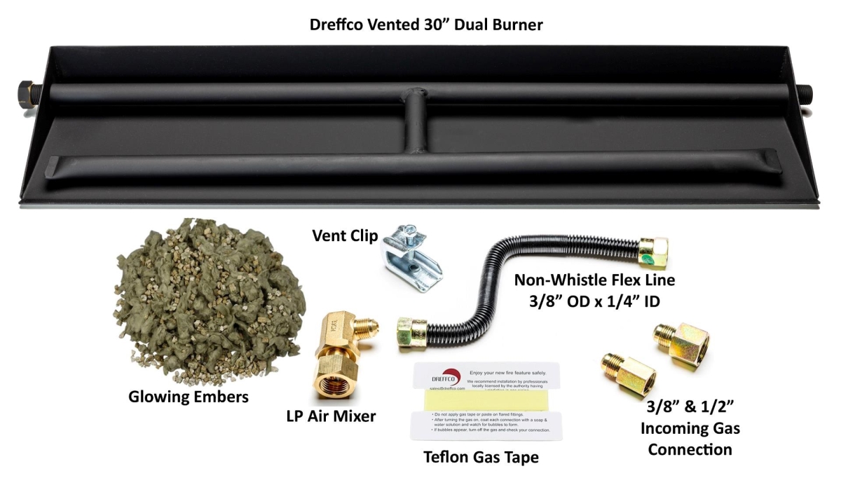 30' Vented LP Gas Fireplace Heavy-Duty Dual Row Gas Burner with Complete Connection Kit - Easy Install, Bonus Glowing Embers Included