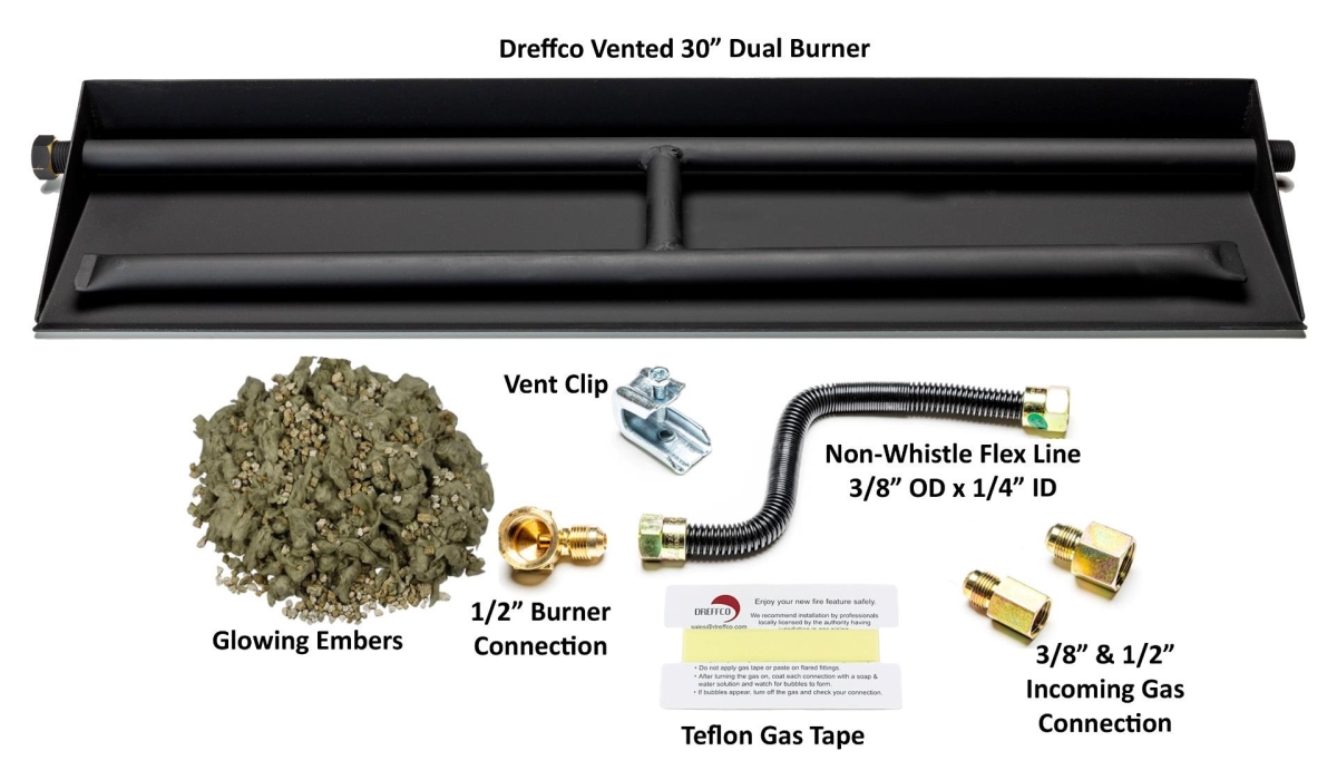 30' Vented NG Gas Fireplace Heavy-Duty Dual Row Gas Burner with Complete Connection Kit - Easy Install, Bonus Glowing Embers Included