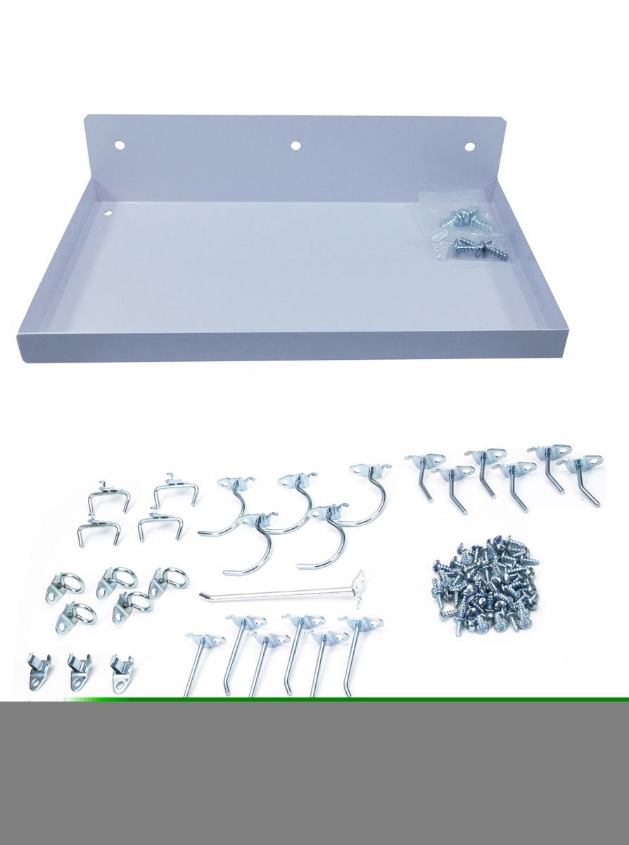 12 x 6 in. Epoxy Coated Locking Steel Pegboard Shelf with 36 Piece  Locking Pegboard Hook Assortment, White
