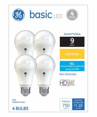 10W A19 Shape Soft White Light Color Bulb, Pack of 4