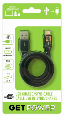 GetPower Charge and Sync Cable, USB-A, USB-C, 3 ft L