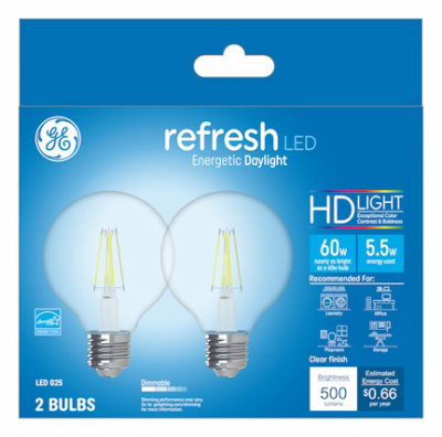 5.5 watt Ceiling G25 Shape LED Clear Bulb, Daylight Light - Pack of 2