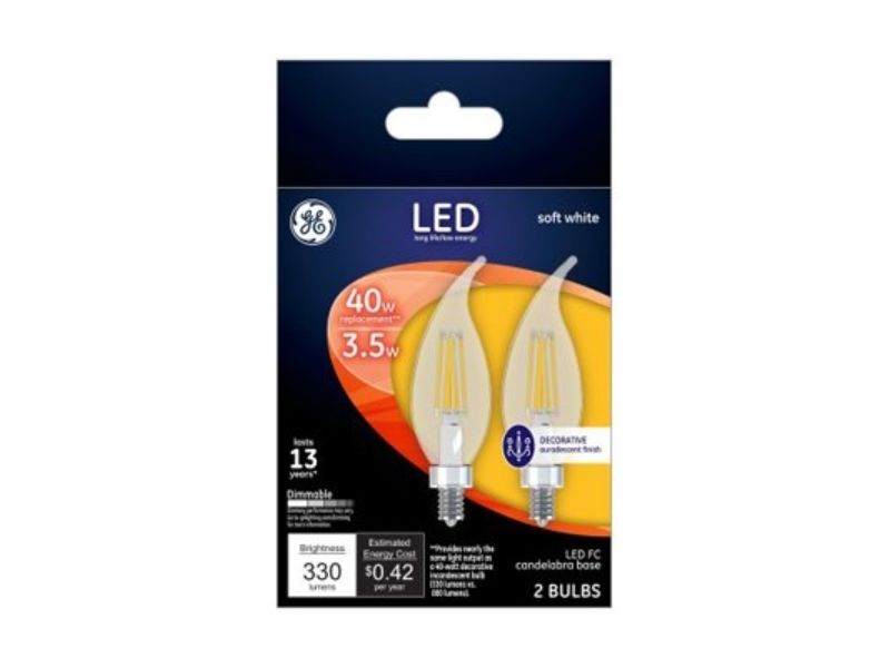 330 Lumen Candle Shape LED Chandelier Light Bulbs, Clear Soft White - 3.5W - Pack of 2