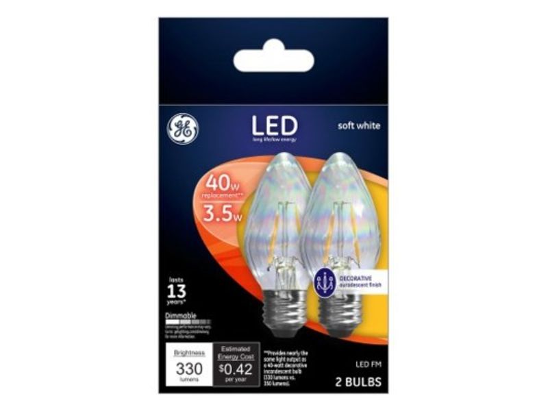 330 Lumen Flame Shape LED Chandelier Light Bulbs, Clear Soft White - 3.5W - Pack of 2