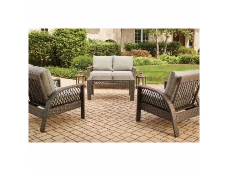 Picture of Woodard CM 258709 Coral Bay Deep Seating Set - 2 Cushioned Chairs & Loveseat Plus Coffee Table&#44; Brown Wicker & Steel - 4 Piece