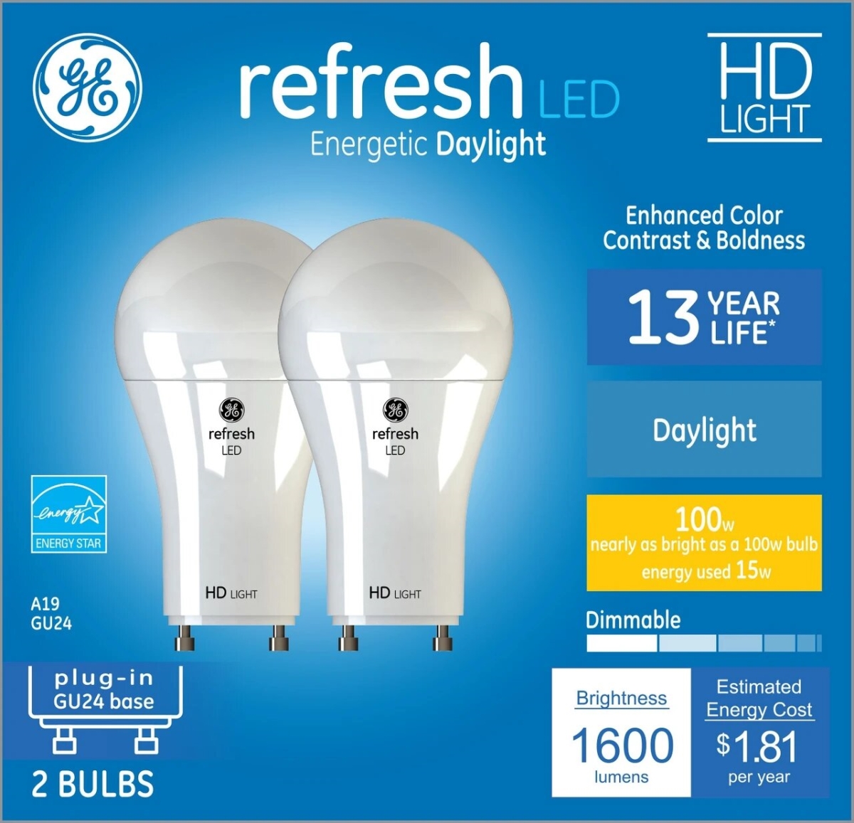 LED Bulb, A19 Lamp, 100W Equivalent, GU24 Base, Dimmable, Soft White, 2700K Color Temp, 2PK
