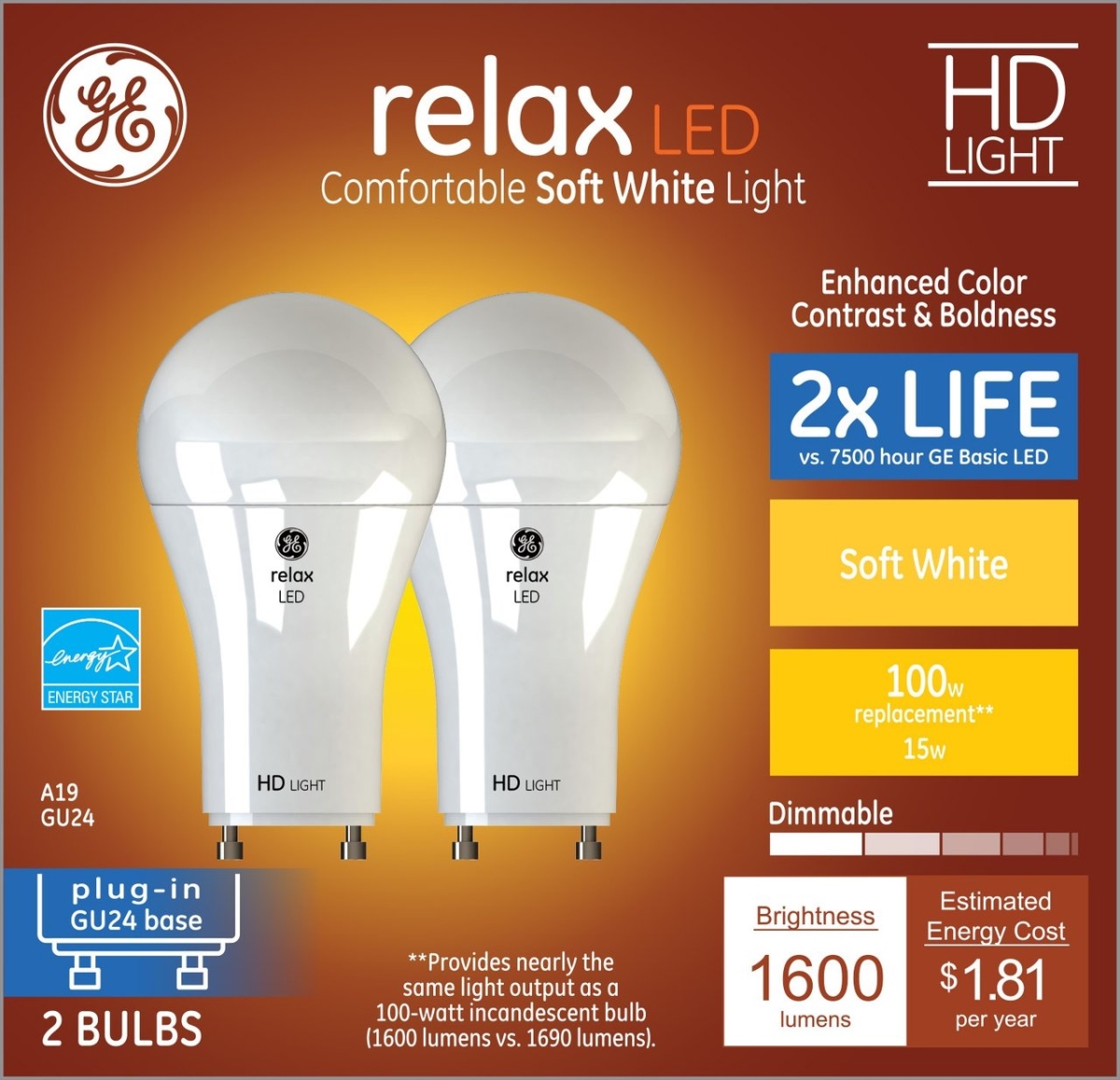 15 watt A19 Relax LED Bulb - Pack of 2