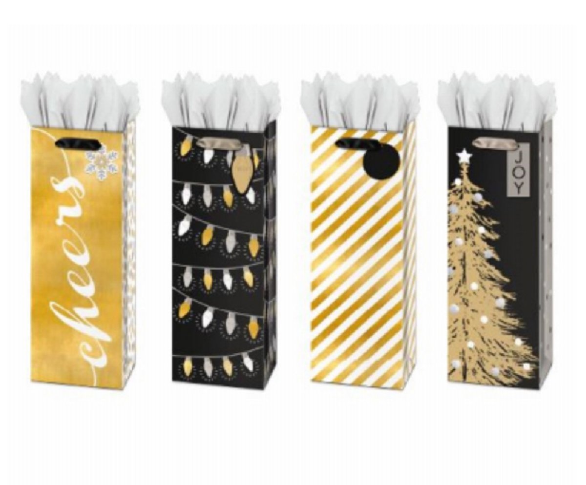Picture of IG Design Group Americas 274728 Christmas Festive Bottle Papercraft Gift Bag&#44; Gold&#44; White & Black