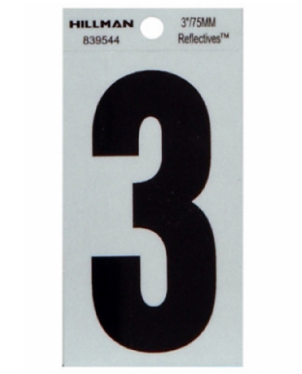3 in. Reflective Thin Adhesive Vinyl Number 3 Sign, Black & Silver
