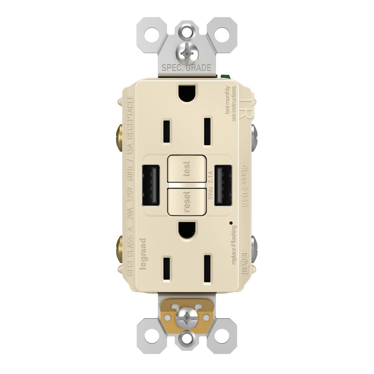 102289 15A A-A GFCI USB Outlet, Light Almond -  Pass & Seymour