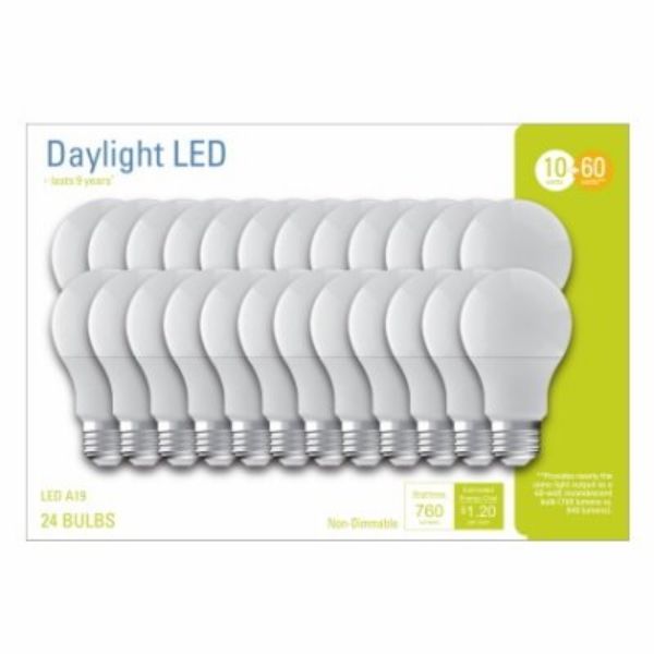 105659 760 Lumen 10W A19 Shape Medium Base LED Daylight Light Bulbs - Pack of 24