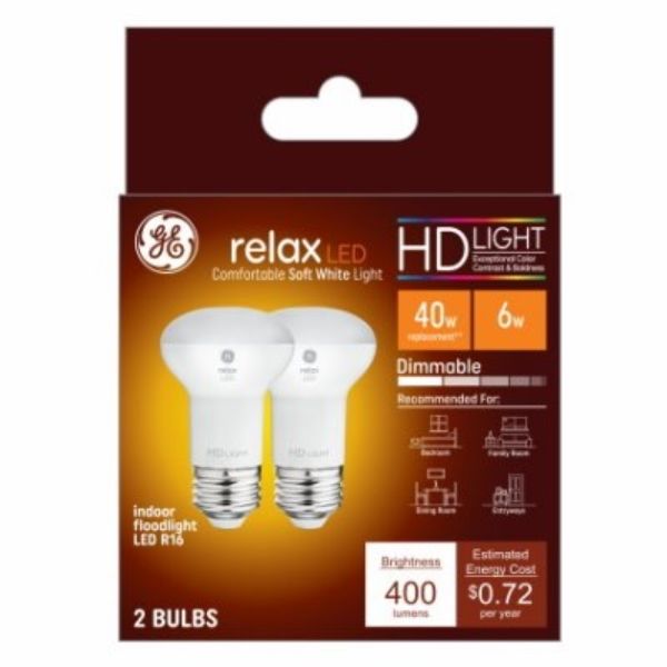 400 Lumen 6W R16 Shape Medium Base LED Light Bulb - Pack of 2