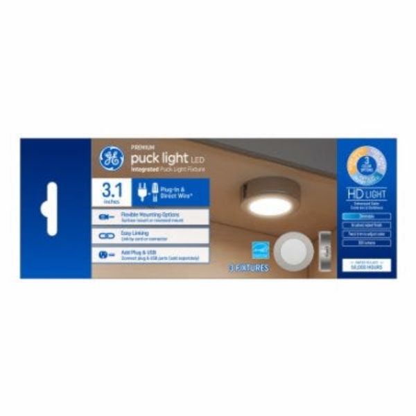 Picture of GE Lighting 107332 3.1 in. Puck Light 3-Color 4W LED Direct Wire & Plug-In Linkable Light Fixtures&#44; White - Pack of 3