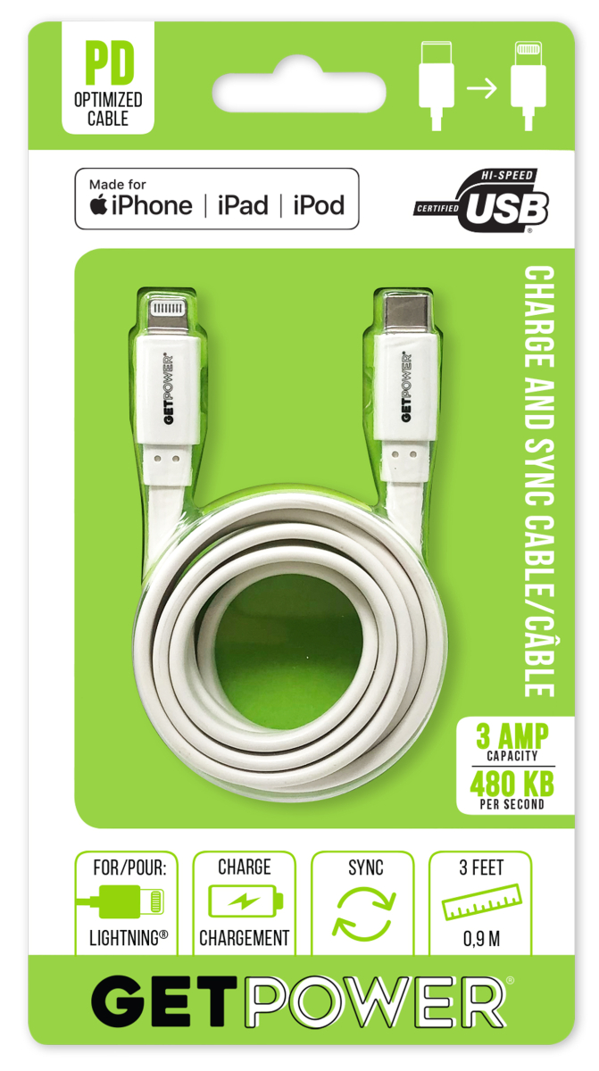 GetPower Sync and Charging Cable, USB Type C, Lightning, White, 3 ft L