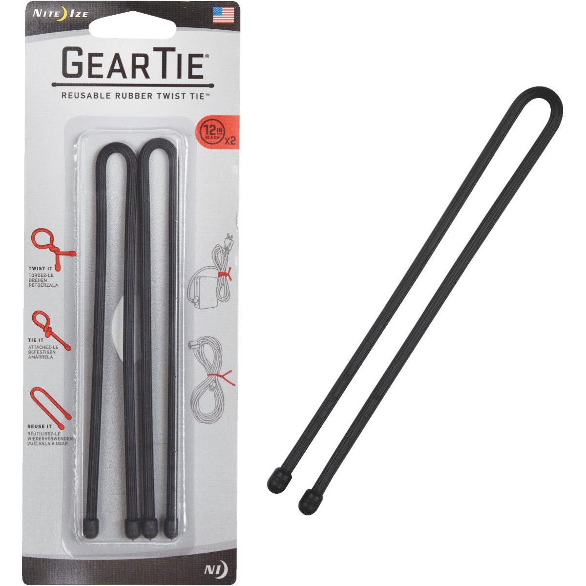 Nite Ize Gear Tie Reusable Rubber Twist Tie 12in 2 Pack Black - GT12-01-2R3