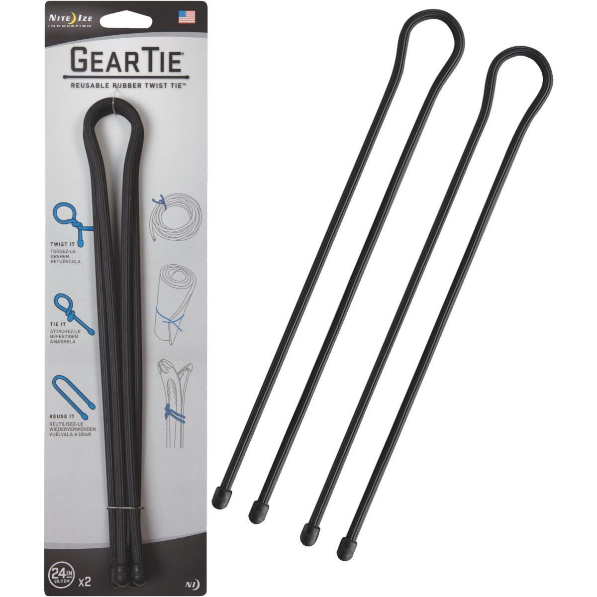 Nite Ize Gear Tie Reusable Rubber Twist Tie 24in 2 Pack Black - GT24-01-2R3