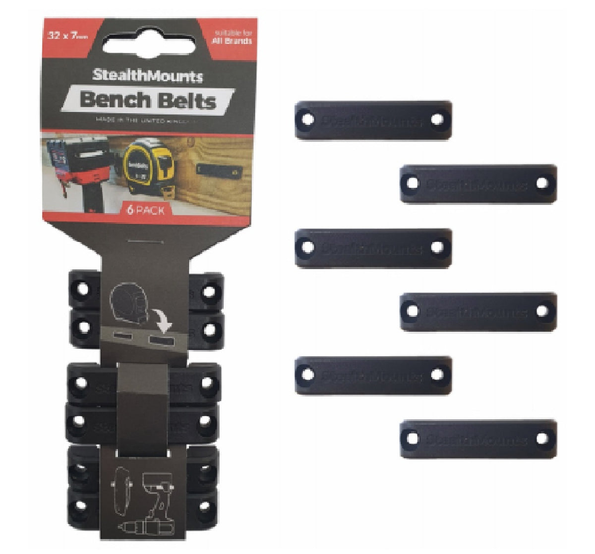 Bench Belt Universal Utility Tool Holster Clip, Black - Pack of 6