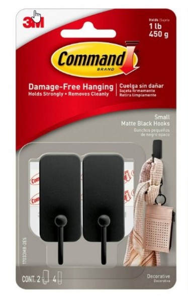 Picture of 3M 118823 Command Small Matte Black Hook, 2 Hooks - 4 Strips per Pack - Pack of 2 - 4 per Pack