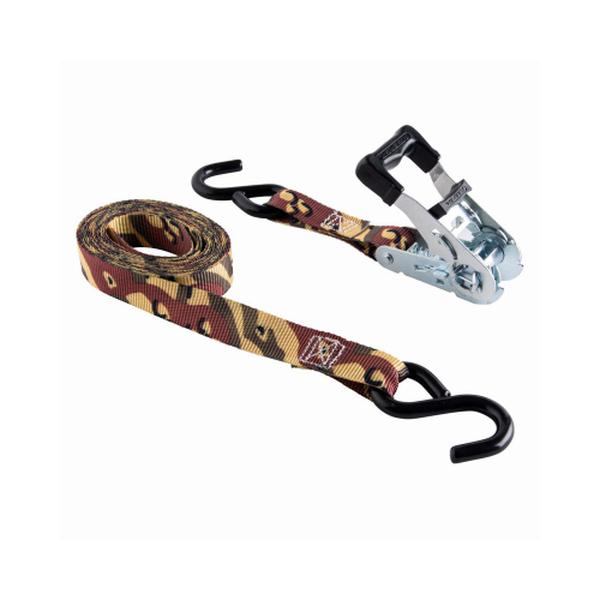 Ratchet Tie Down With Open Handle, 1 in W, 12 ft L, Camo, 500 lb Working Load, S-Hook End