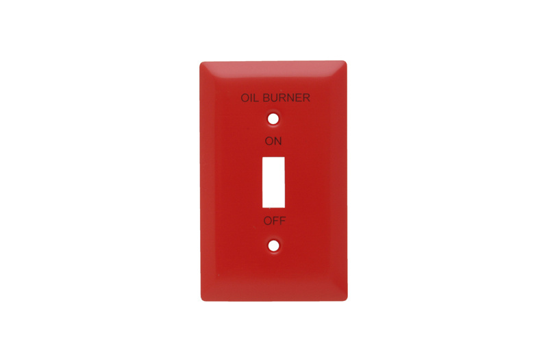 Picture of Pass & Seymour 131443 One-Gang Wall Plate - Pad Printed Oil Burner&#44; on & off with Toggle Cutout&#44; 302 & 304 Stainless Steel&#44; Red