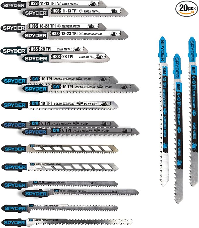 Spyder Multi-Material Jig Saw Blade Set, CrV/HSS Bi-Metal Steel, 20 Pieces - 300091