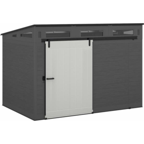 120255 10 x 7 ft. Modernist Resin Storage Shed - Sliding Barn Door - Peppercorn, Cream & Black -  Suncast