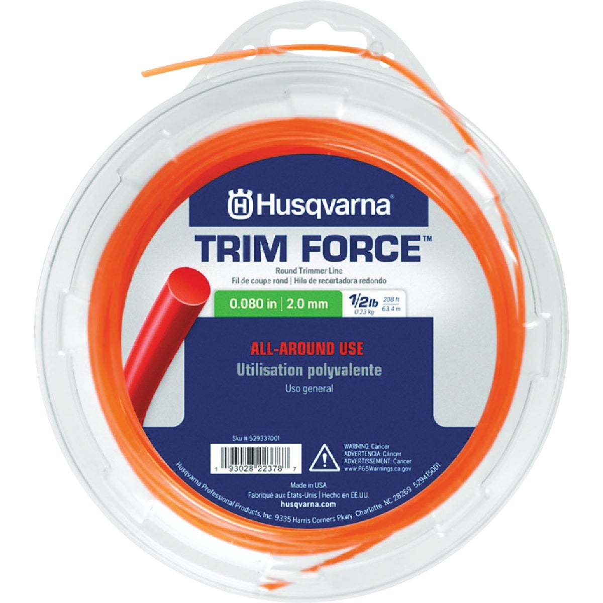 Round Trimmer Line, 0.08 in Dia, 208 ft L, Polymer, Orange