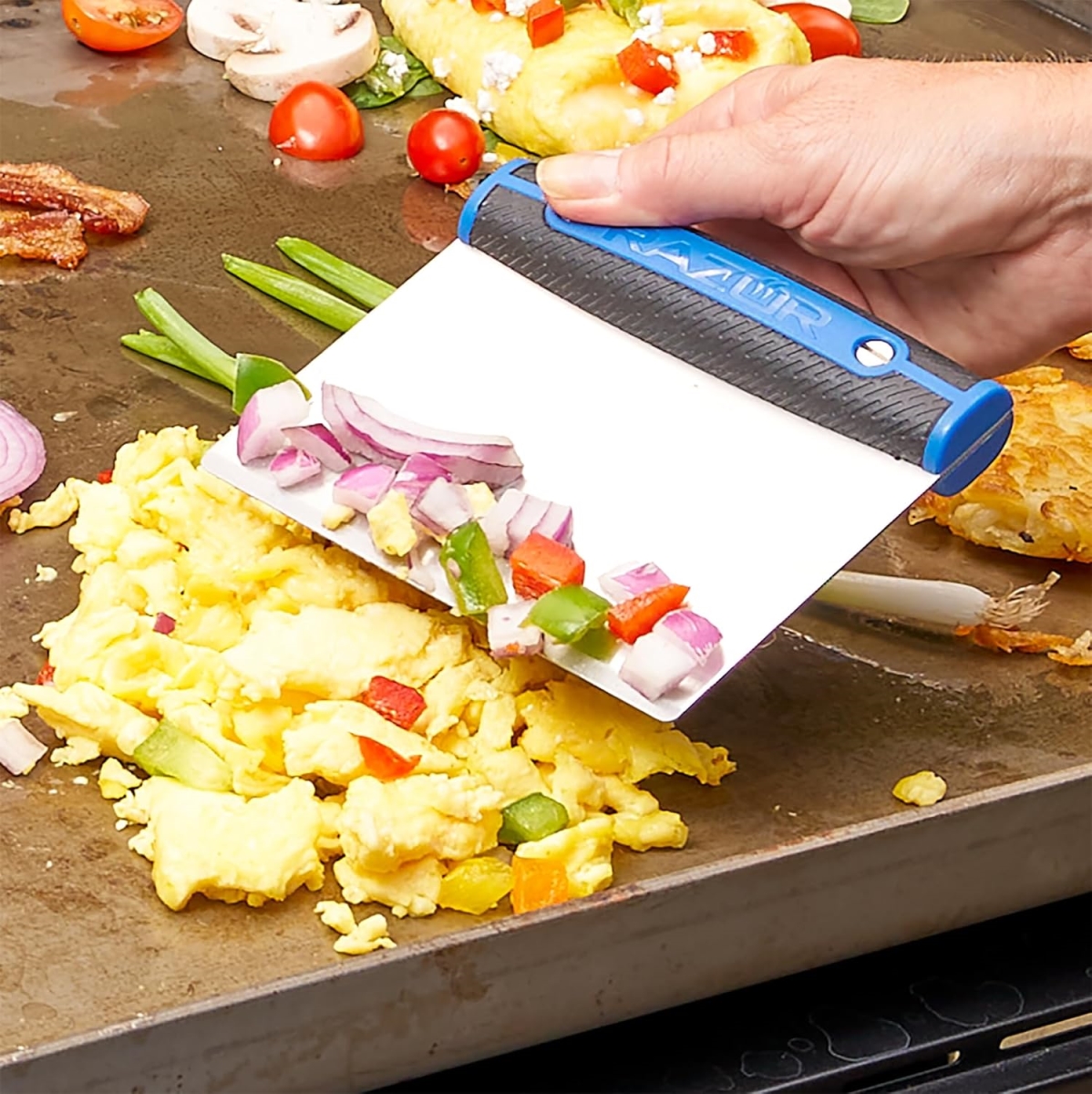 Picture of Mr. Bar-B-Q Products 152520 Square Griddle Scraper, Stainless Steel - Black, Blue & Silver