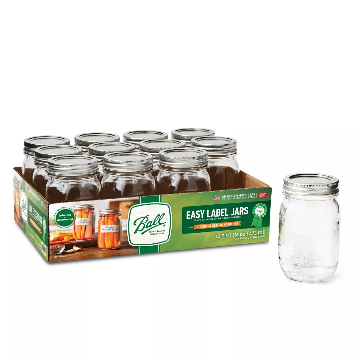 Picture of ell Brands Distribution 220729 16 oz Ball Smooth Glass Mason Jar with Lid & Band - Pack of 12