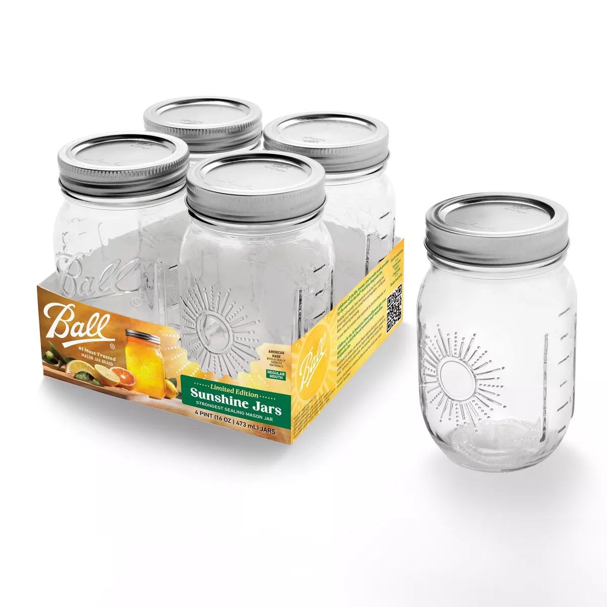 Picture of ell 155485 16 oz Ball Glass Regular Mouth Mason Jar with Band & Lid Sunshine - Pack of 4