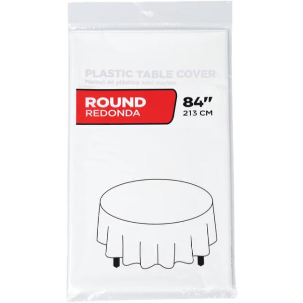 161549 84 in. White Round Plastic Table Cover