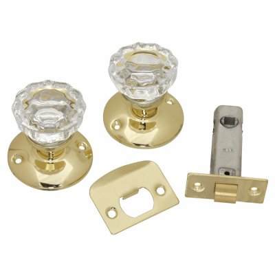 Passage Door Latch Set, Glass Knobs - Polished Brass
