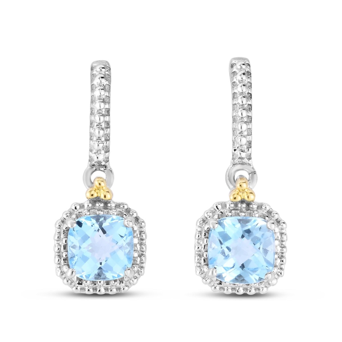 18K Silver Yellow Rhodium Polished Textured Square Drop Popcorn Earring with 1.1 CT Cushion Light Swiss Blue Topaz -  Bagatela, BA3259539