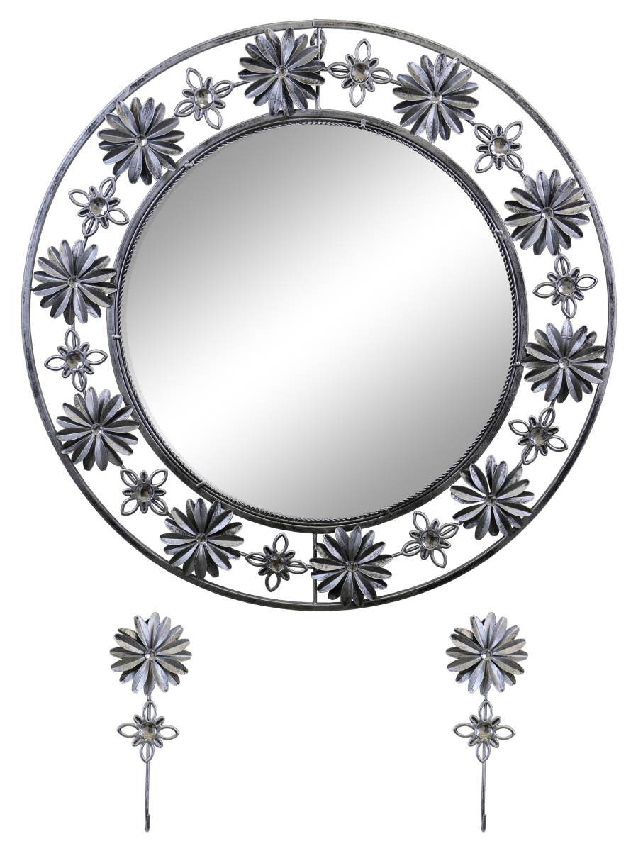 Picture of Three Star Import & Export YC870 24 in. Round Wall Mirror with Key Chain Holders&#44; Silver & Black Floral