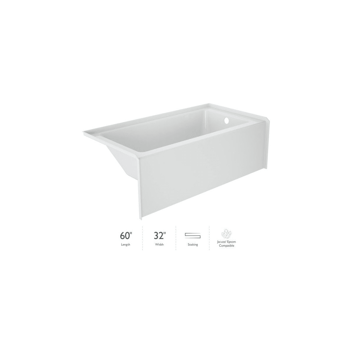 Picture of Jacuzzi S1S6032BRXXXXW 60 x 32 in. Signature Three Wall Alcove Acrylic Soaking Tub with Right Drain & Overflow&#44; White - Rectangle