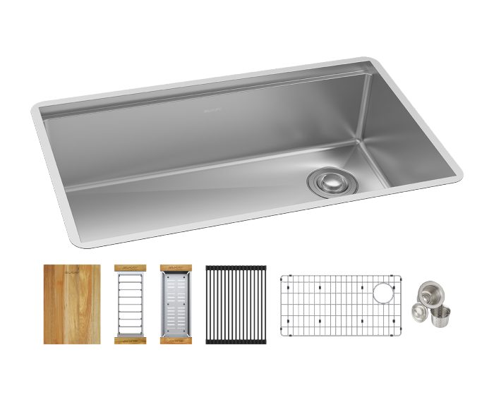 Picture of Elkay EFRU30169RTWC 31.5 x 18.5 x 9 in. Crosstown 16 Gauge Workstation Stainless Steel Single Bowl Undermount Sink Kit