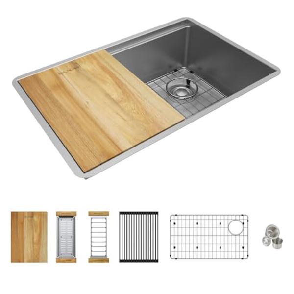 Picture of Elkay ECTRU27169RW 27 in. Stainless Steel Large Single Bowl Undermount Workstation Sink - Polished Satin