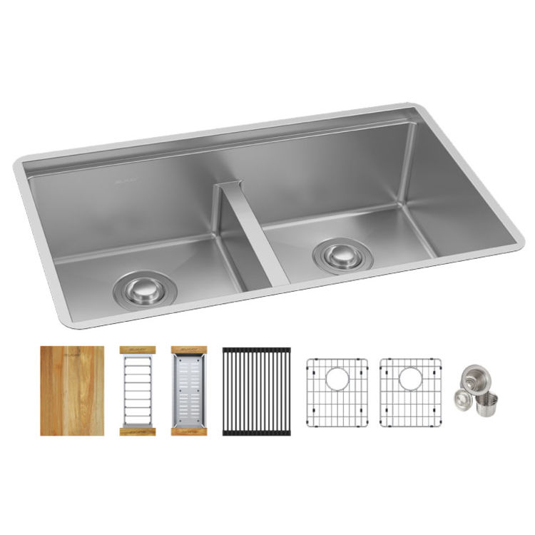 Picture of Elkay EFRUAQ31169TWC 31.5 x 18.5 x 9 in. 16 Gauge Crosstown Stainless Steel Double Bowl Sink Kit