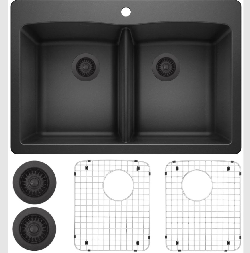 440220-KIT 50-50 Double Bowl Dual Mount Kitchen Sink with Grids & Basket Strainers, Anthracite -  Blanco