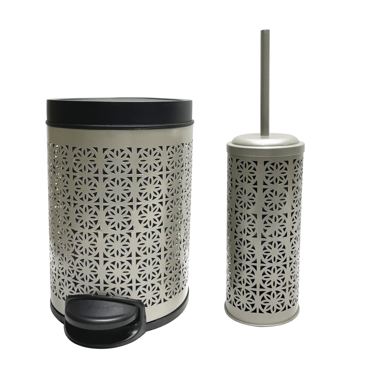 Picture of NU Steel STP-TBH-03-PWT 5 Liter Laser Cut Step Garbage Trash Can & Toilet Brush Holder with Lid&#44; Pewter