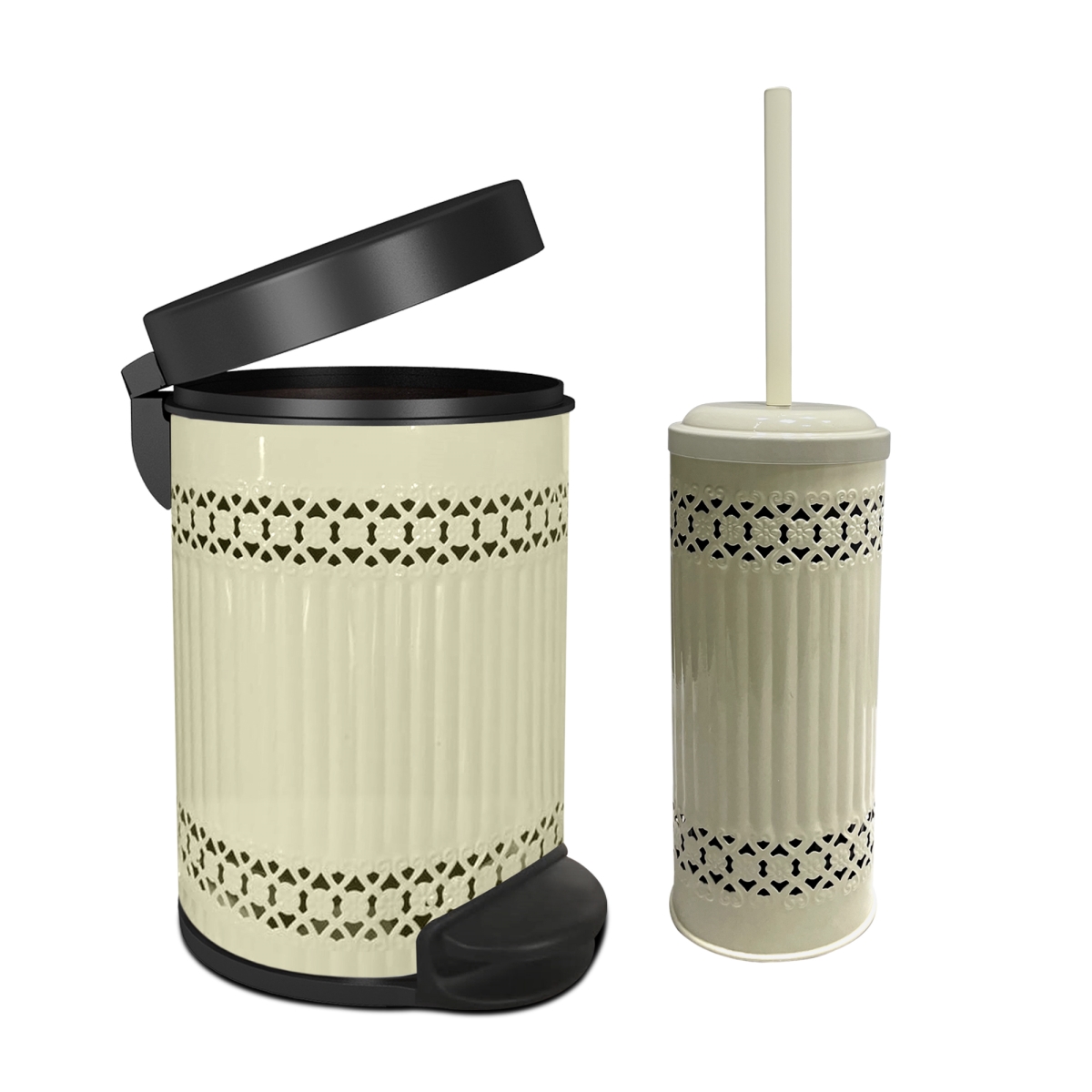 Picture of NU Steel STP-TBH-10-IVORY 5 Liter Laser Cut Step Garbage Trash Can & Toilet Brush Holder with Lid&#44; Ivory