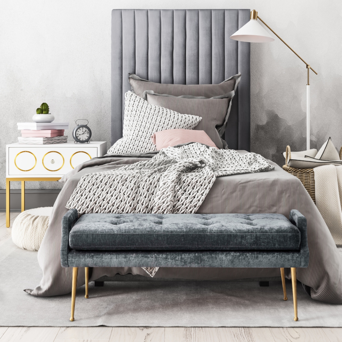 TOV-B126 67.3 x 44.1 x 81.5 in. Arabelle Grey Velvet Bed, Twin Size -  Tov Furniture