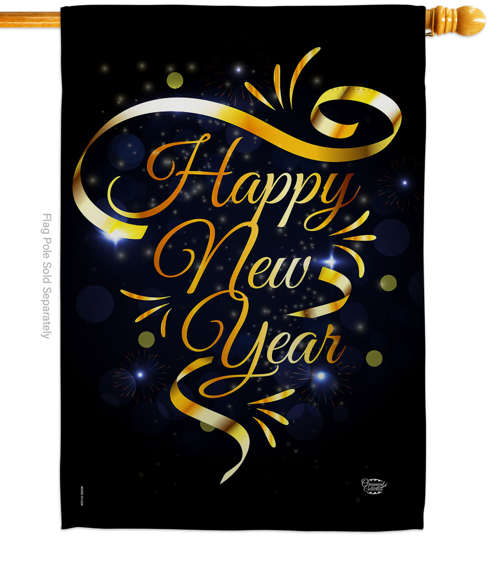 28 x 40 in. Gold Happy New Year House Flag with Winter Double-Sided Decorative Vertical Flags Decoration Banner Garden Yard Gift