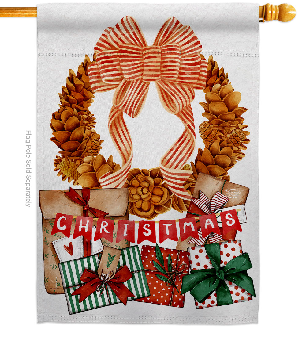 28 x 40 in. Pine Cone Wreath House Flag Wintertime Christmas Double-Sided Decorative Vertical Flags Decoration Banner Garden Yard Gift